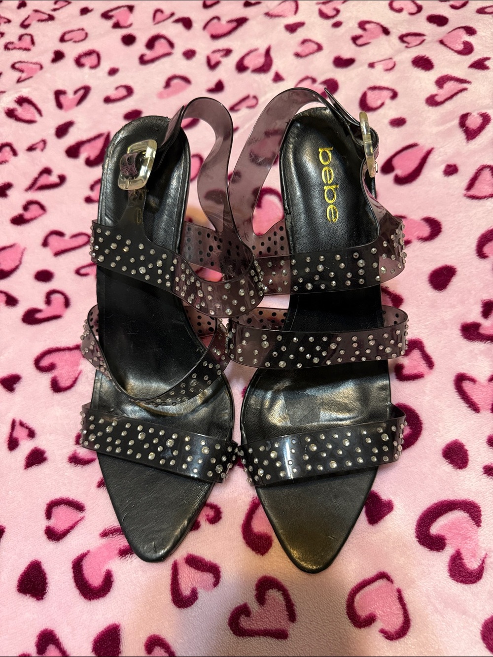 bebe Black Studded Clear-Strap Heels
